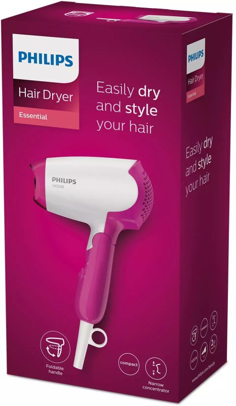 Фен Philips DryCare Essential дорожный, 1400Вт, режимов-2, хол. обдув, розовий