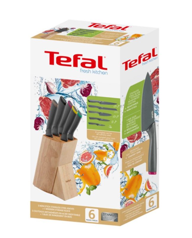 Набор ножей Tefal Fresh Kitchen, деревянная колода, 5шт, нержавеющая сталь, пластик, дерево, черный