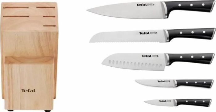 Набор ножей Tefal Ice Force, 5пр., с деревянной колодкой, нержавеющая сталь, платик, черный