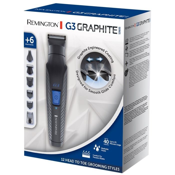 Набір для стрижки Remington G3 Graphite series, для бороди, вусів, голови і носа, акум., роторний мотор, насадок-6, сталь, чорний