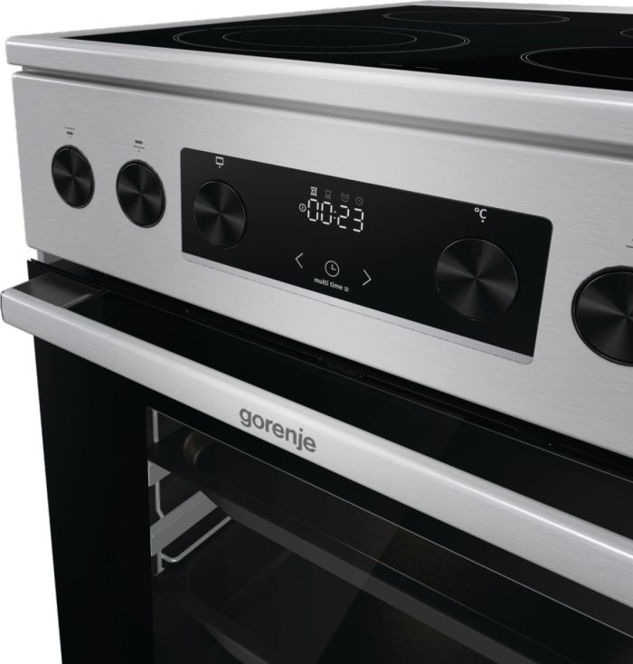 Плита Gorenje электрическая стеклокерамическая, 70л, 50x60см, дисплей, приготовление с паром, программатор, нерж
