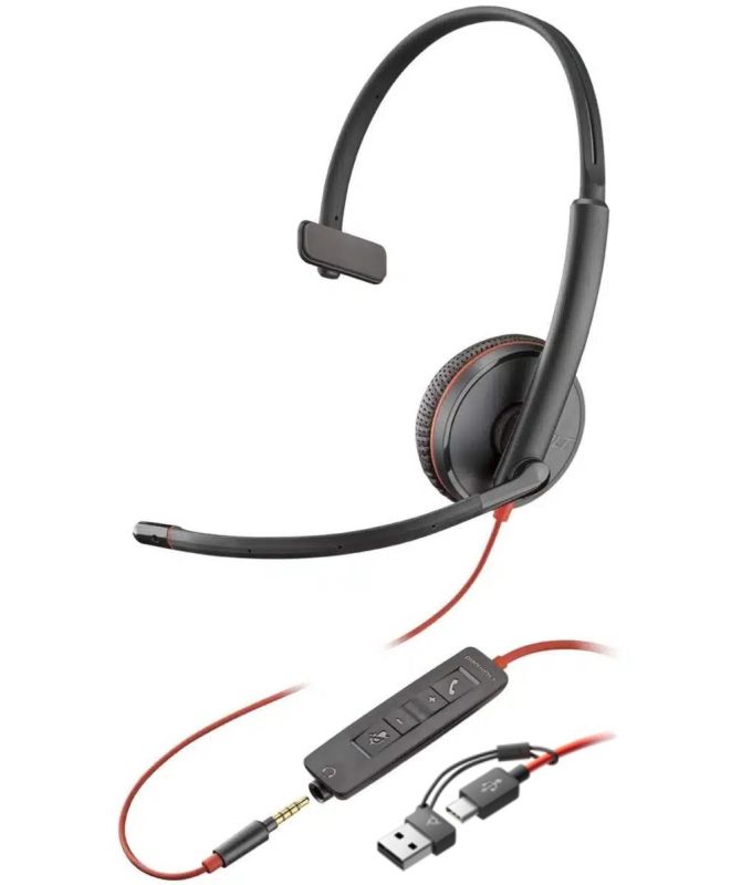 Гарнитура компьютерная моно On-ear Poly Blackwire 3215, USB-A, USB-C, 3.5 мм, всенаправленный, черный