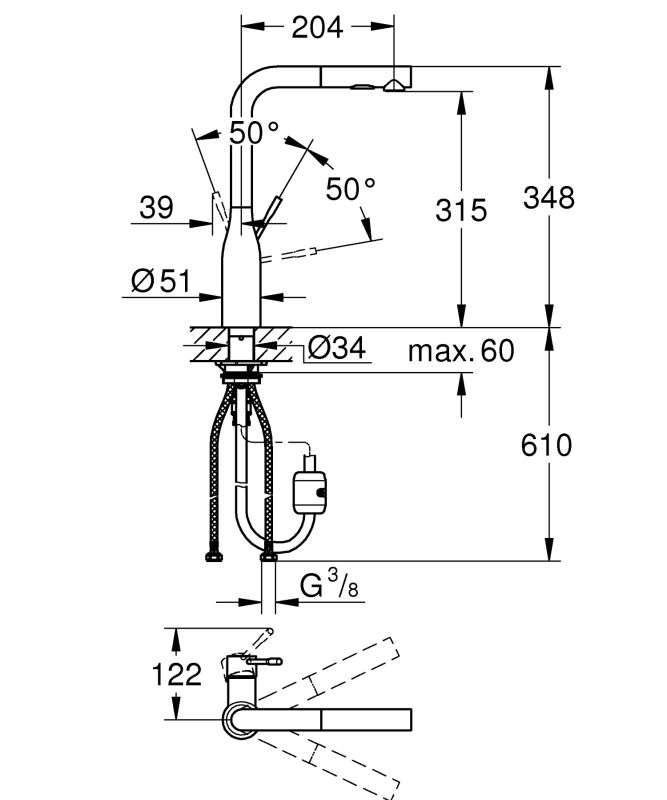 Смеситель для кухни Grohe Essence, дл.излива - 204мм, поворотный/вытяжной, 1рычаг, теплый закат