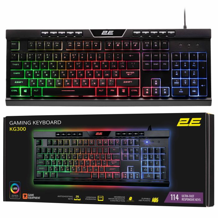 Клавиатура мембранная 2E GAMING KG300 114key, USB-A, EN/UA, LED, чёрный