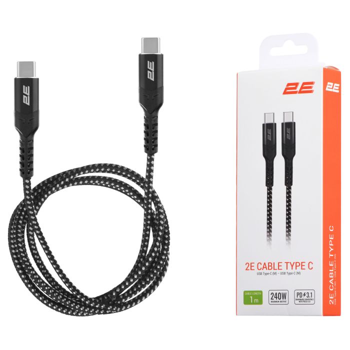 Кабель USB-C > USB-C заряджання/синхронізації 2E 1м, 240Вт Type-C, плетений, чорний
