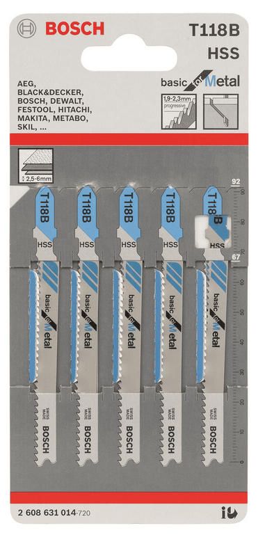 Полотно пилочное для электролобзика Bosch по металлу T 118 B, 1.9-2.3х92мм, 5шт