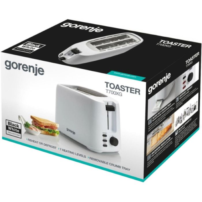 Тостер Gorenje, 850Вт, функц. розморожування, автовідключення, пластик, білий