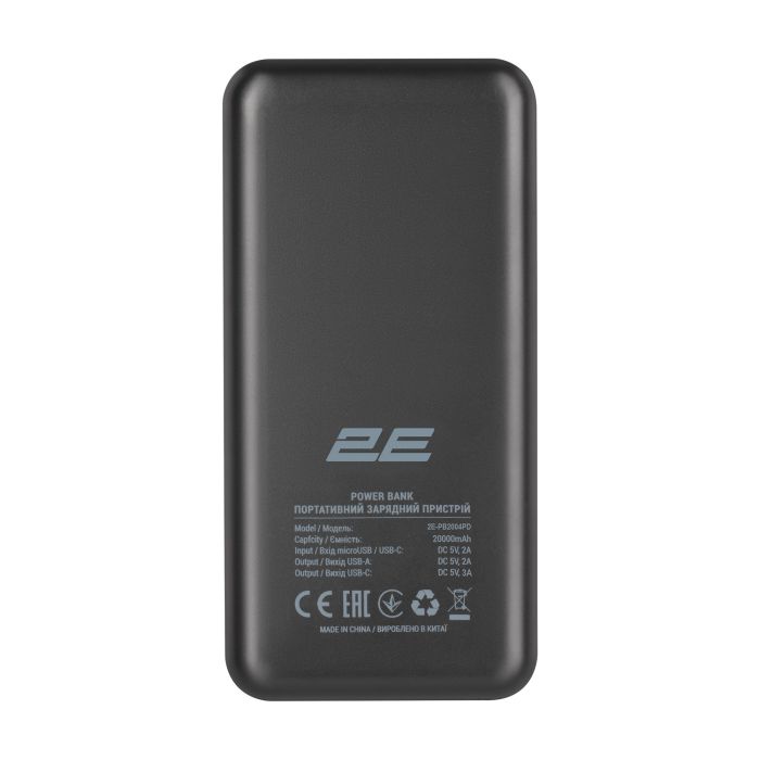 Акумулятор портативний літій-іонний Power Bank 2E 20000мА·год, PD, QC 18Вт, чорний