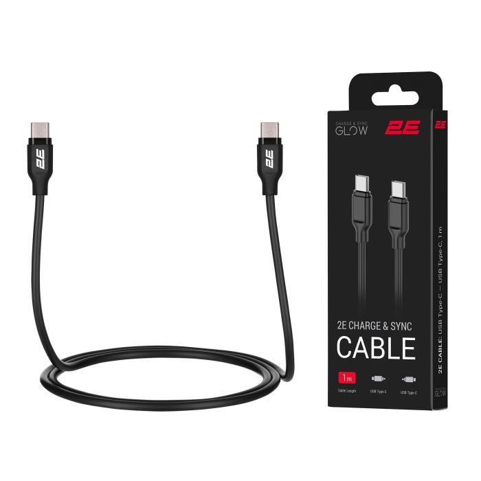 Кабель USB-C > USB-C заряджання/синхронізації 2E 1м, 60Вт Type-C, Glow, чорний