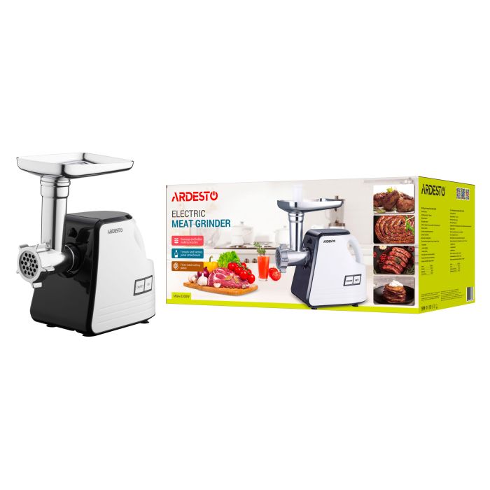 Мясорубка Ardesto, 2300Вт, призв. -2.2кг/мин, 4 решетки + для колбас., кеббе, насадка для томатов, пластик, бело-черный