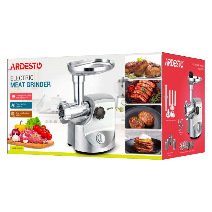 Мясорубка Ardesto, 3000Вт, призв. -2.6кг/мин, 4 решетки + для колбас., кеббе, 3 терки, металл, серебристый