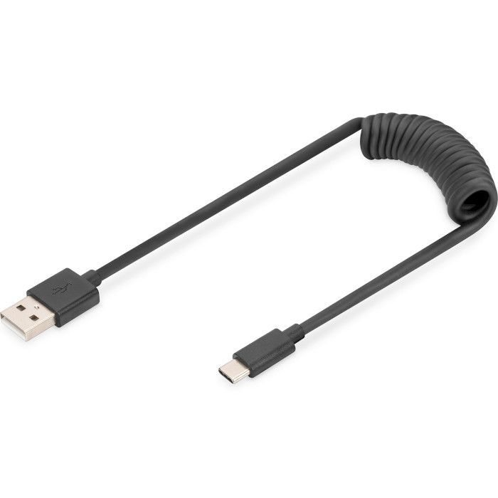 Кабель DIGITUS USB-C > USB-A зарядки/синхронизации, Type-C, спиральный, 1м, черный