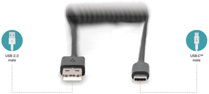 Кабель DIGITUS USB-C > USB-A зарядки/синхронизации, Type-C, спиральный, 1м, черный