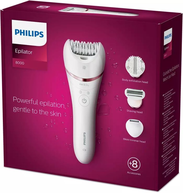 Епілятор Philips 8000 series дисковий, акумул., пінцет.-32, волог.+сух., насадок-7, футляр, білий