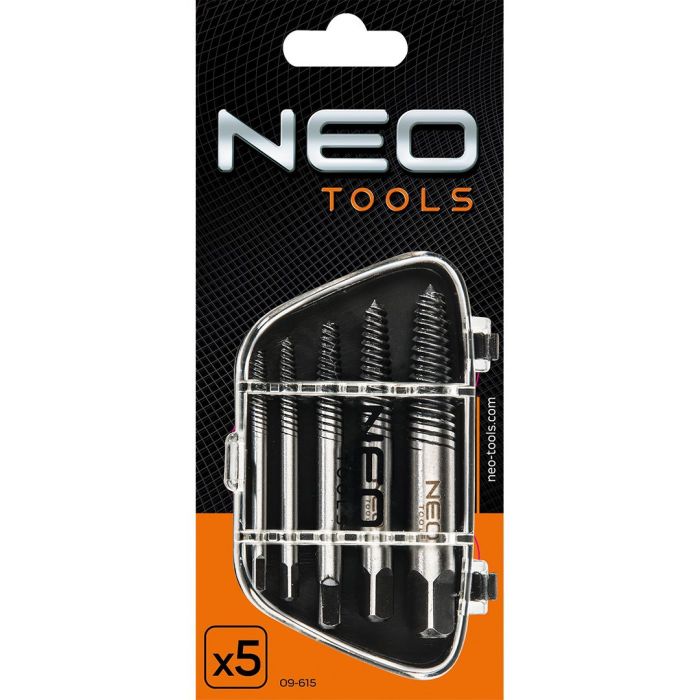 Екстрактори для зламаних гвинтів Neo Tools, набір 5шт, для гвинтів М3-18мм, CrMo, футляр