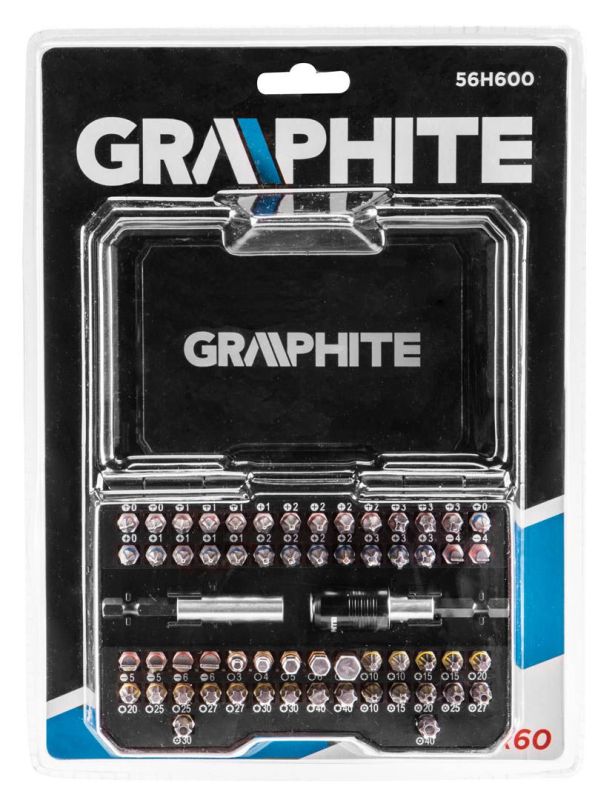 Биты GRAPHITE, набор 60шт, магнитные удлинители 2шт, SL,PH,PZ,H,TX,TT, 25мм, кейс