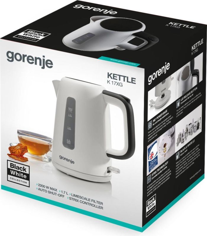 Электрочайник Gorenje 1.7л, Strix контроль, пластик, белый