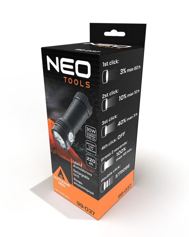 Ліхтар ручний акумуляторний Neo Tools, 4000мА·год, 3300лм, 30Вт, 5 функцій освітлення, алюмінієвий, IPX4