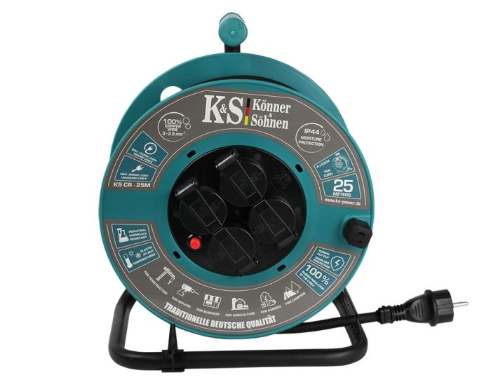 Удлинитель сетевой Konner&Sohnen  KS 2E 4хТип F, 3х2.5мм, 16A, на котушке, 25м, зелёный Könner & Söhnen KSCR-25M