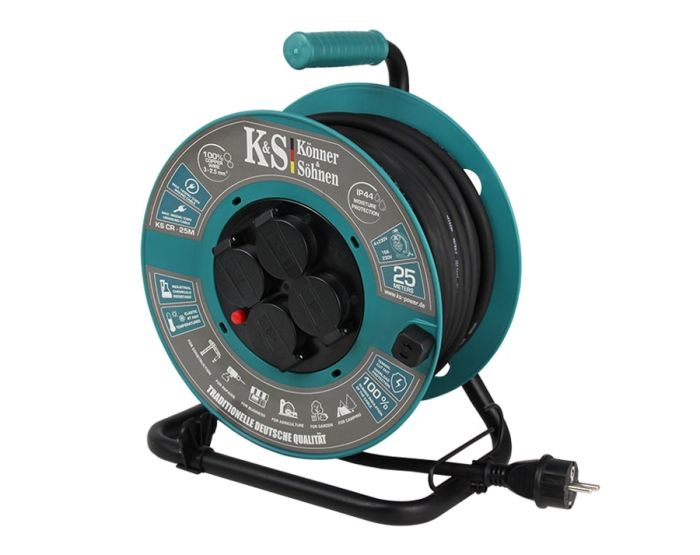 Удлинитель сетевой Konner&Sohnen  KS 2E 4хТип F, 3х2.5мм, 16A, на котушке, 25м, зелёный Könner & Söhnen KSCR-25M
