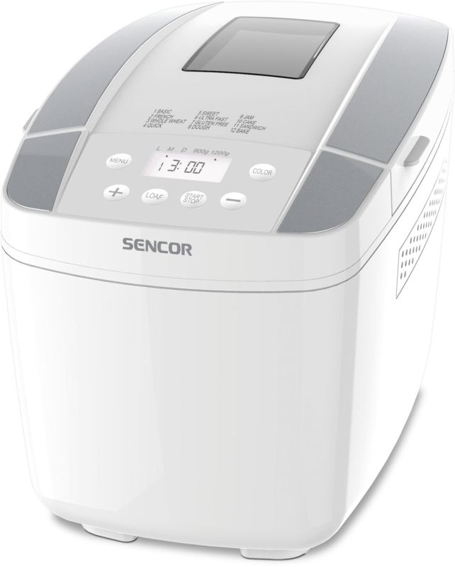 Хлебопечка Sencor 800Вт, программ-12, макс.вес -1.2кг, форма прямоугольник, пластик, белый