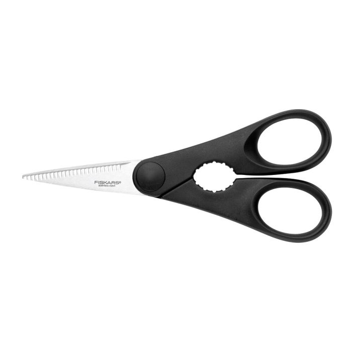 Ножиці кухонні Fiskars Essential, з відкривачкою для пляшок, 20см, нержавіюча сталь, пластик, чорний