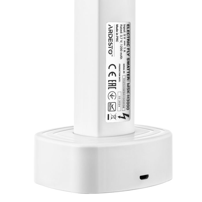 Електричний знищувач комах ARDESTO, сітка 3000 В, акум. 1200 мА•год, USB micro-B > USB-A, білий