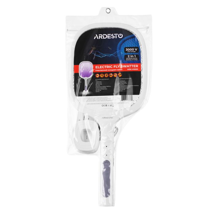 Електричний знищувач комах ARDESTO, сітка 3000 В, акум. 1200 мА•год, USB micro-B > USB-A, білий