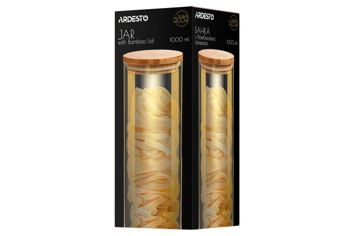Банка для зберігання Ardesto Golden Moon, 1000мл, скло, бамбук, кругла, золотистий