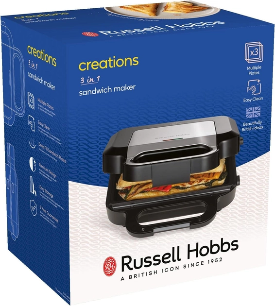 Мультимейкер Russell Hobbs, 750Вт, комплект-3 пластины, алюминий, корпус-нерж.сталь, пластик, черный-серебристый