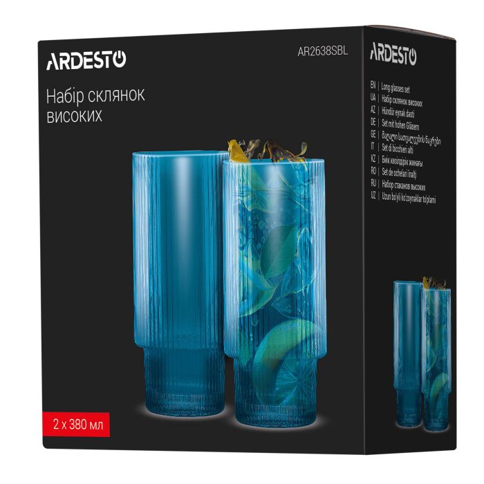 Набір склянок високих Ardesto 380мл, 2шт, скло, блакитний