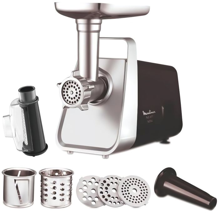 Мясорубка Moulinex, 1600Вт, 1.9кг/мин, 3 решетки, насадка для колбас, кеббе, томатов, пластик/металл, черно-серерый