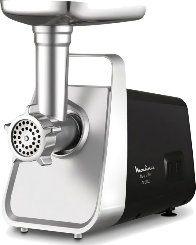Мясорубка Moulinex, 1600Вт, 1.9кг/мин, 3 решетки, насадка для колбас, кеббе, томатов, пластик/металл, черно-серерый