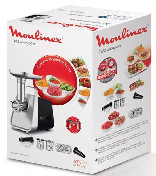 Мясорубка Moulinex, 1600Вт, 1.9кг/мин, 3 решетки, насадка для колбас, кеббе, томатов, пластик/металл, черно-серерый
