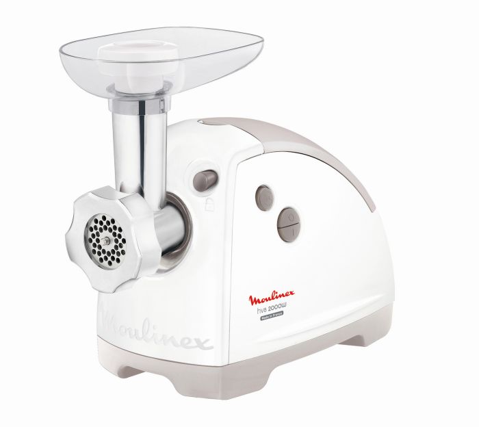 Мясорубка Moulinex, 2000Вт, 2.6кг/мин, 3 решетки, насадка для колбас, кеббе, 5 терок, пластик, бело-серый