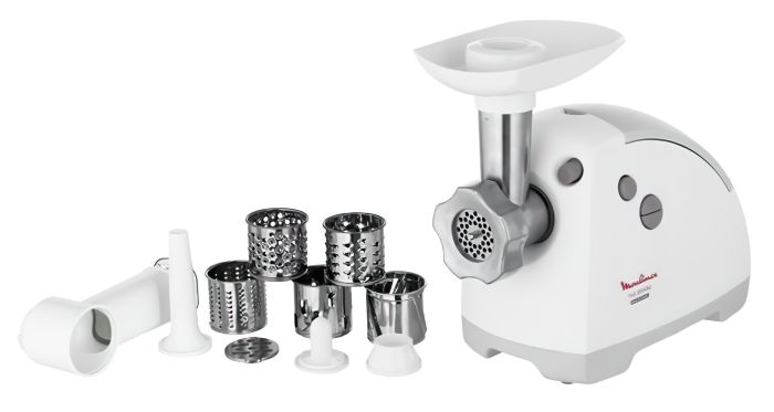 Мясорубка Moulinex, 2000Вт, 2.6кг/мин, 3 решетки, насадка для колбас, кеббе, 5 терок, пластик, бело-серый