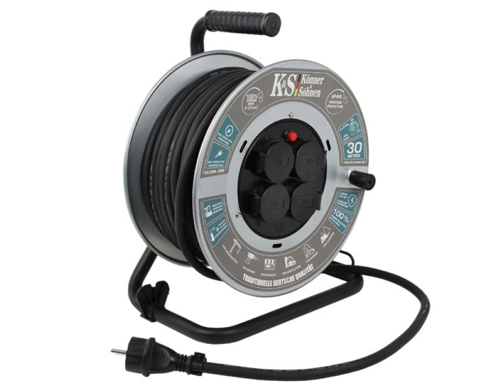 Подовжувач мережевий Konner&Sohnen KS CRM-30M, 30м, 4xТипF, 16A, на котушці, чорний
