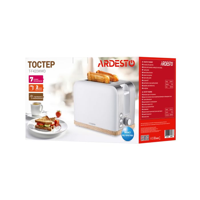Тостер Ardesto , 800Вт, металл, 2 слота, белый ARDESTO T-F420WWD