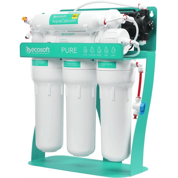 Фільтр зворотного осмосу Ecosoft P’URE AQUACALCIUM Mint з помпою на станині, мембрана 75gpd DuPont, картридж AquaCalcium збагачує мінералами, дренаж 1:1