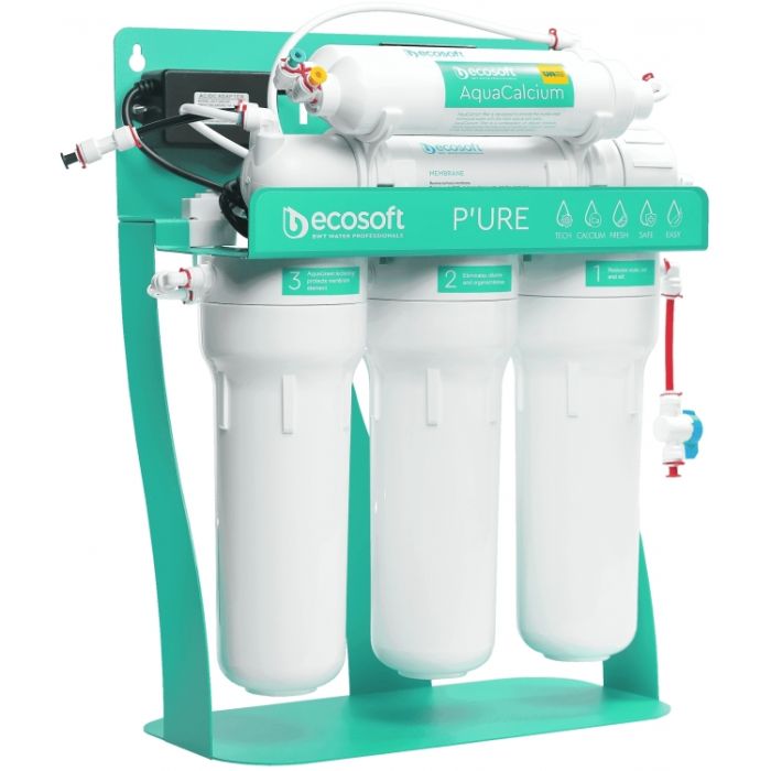 Фільтр зворотного осмосу Ecosoft P’URE AQUACALCIUM Mint з помпою на станині, мембрана 75gpd DuPont, картридж AquaCalcium збагачує мінералами, дренаж 1:1