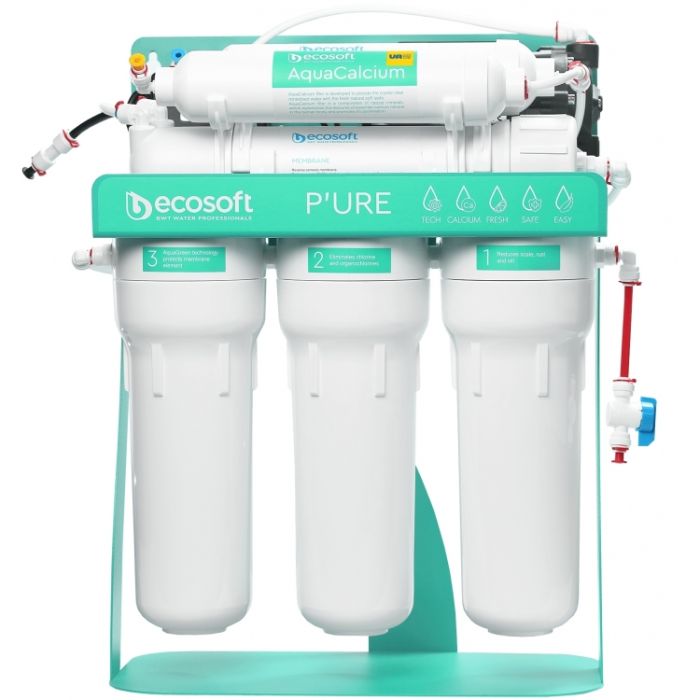 Фільтр зворотного осмосу Ecosoft P’URE AQUACALCIUM Mint з помпою на станині, мембрана 75gpd DuPont, картридж AquaCalcium збагачує мінералами, дренаж 1:1