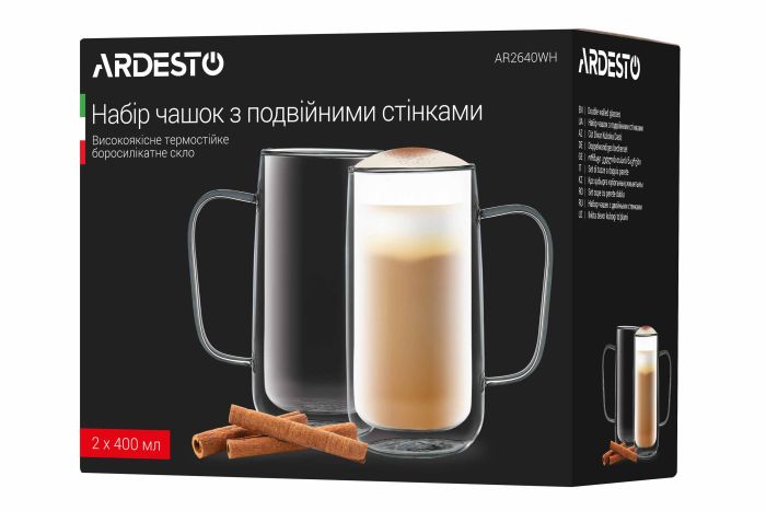 Набор чашек с ручками и двойными стенками Ardesto, 400мл, 2шт, боросиликатное стекло, прозрачный