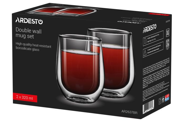 Набор чашек с двойными стенками Ardesto, 320мл, 2шт, боросиликатное стекло, прозрачный