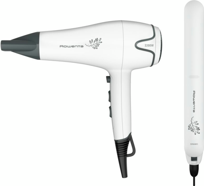 Фен + выпрямитель Rowenta набор Pure Collection, 2200Вт, режимов-2, дифузор,щипцы для волос(200°С,керамика), бело-черный