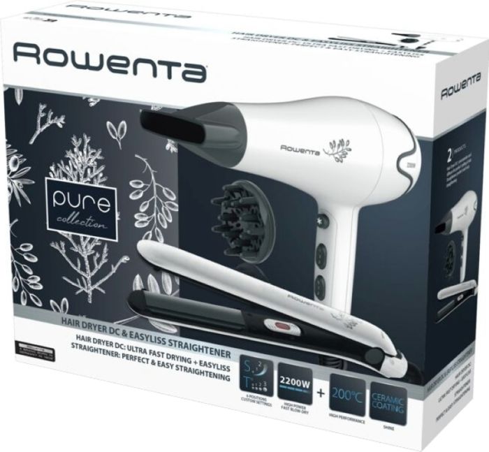 Фен + выпрямитель Rowenta набор Pure Collection, 2200Вт, режимов-2, дифузор,щипцы для волос(200°С,керамика), бело-черный