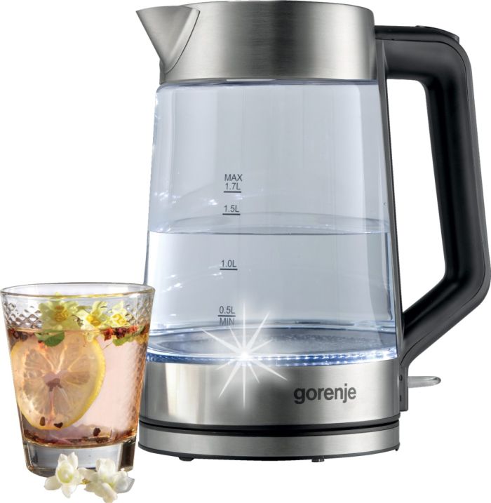Электрочайник Gorenje 1.7л, 2,200 Вт, strix контроль, стекло, белый