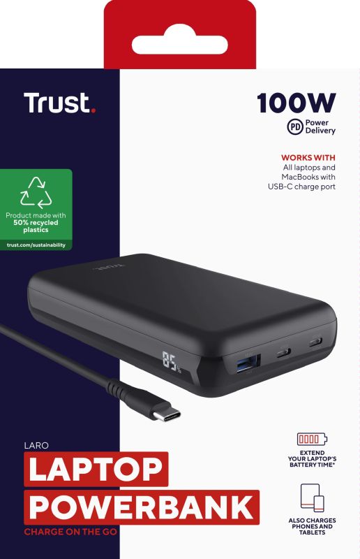 Акумулятор портативний літій-іонний power bank Trust Laro, 20000 мА·год, USB-A/2хUSB-C, 100w, чорний