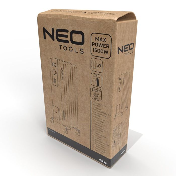 Обогреватель масляный Neo Tools, 20м2, 1500Вт, мех. упр-ние, 7 секций, белый