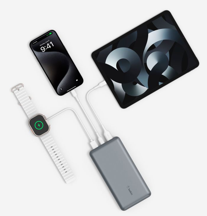 Портативное зарядное устройство Power Bank Belkin 10000мАч, 15Вт, 2хUSB-A/USB-C, серый