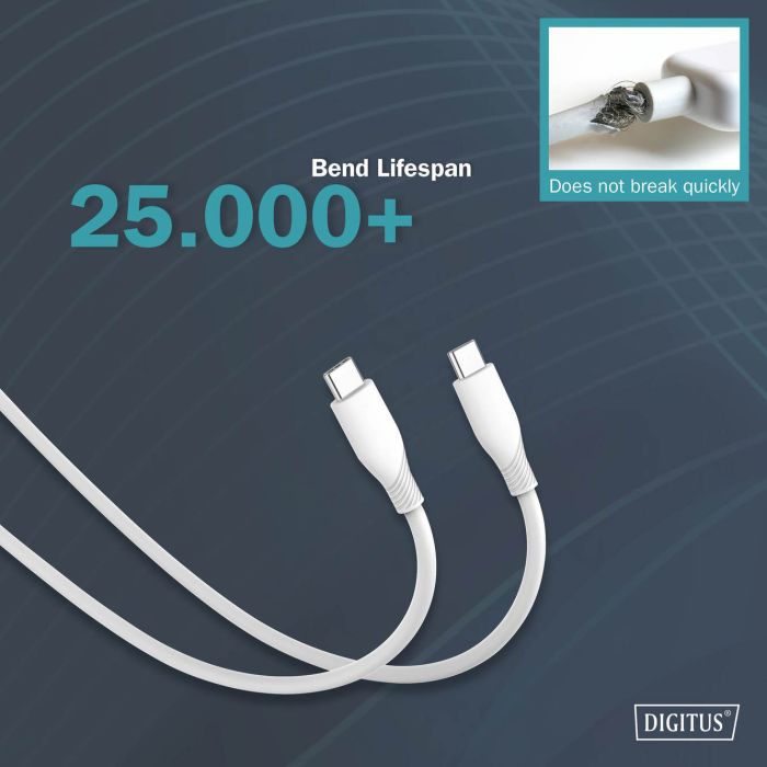 Кабель DIGITUS USB-C > USB-C зарядки/синхронизации, USB 2.0, 60W, силиконовый, 1м, белый
